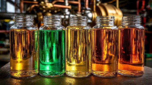 Medium shot capturing glass containers filled with biofuel variants on a table with the industrial mixing setup artfully blurred to underscore onsite blending efficiency.