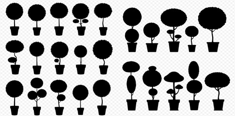 Fototapeta premium A collection of black silhouette illustrations of potted topiary plants and stylized trees in various shapes.