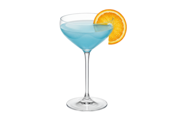 Isolated blue cocktail coupe with orange slice. Alcohol mixology bar drink presentation
