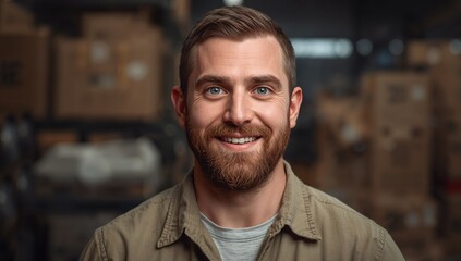 Fototapeta premium Smiling male warehouse assistant with beard in work uniform standing in front of cardboard boxes in a storage area with soft lighting and blurred background