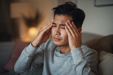 man with carefully styled hair sitting on a couch in a modern living room rubbing his temples with both hands indicating eye strain or discomfort