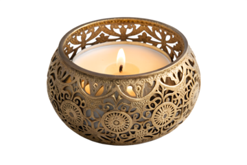 Photo of a decorative golden lantern with a lit candle inside, casting a warm glow, isolated on a transparent background, perfect for festive or ambient decor