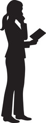 Silhouette of a woman in business attire holding a tablet and talking on her mobile phone while standing