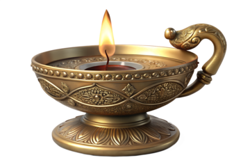 Photo of an antique golden oil lamp with a handle and intricate carvings, emitting a bright flame, isolated on a transparent background, representing heritage and tradition
