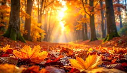 Low-angle shot of a sunlit forest path in autumn, with fallen orange leaves and trees lining the way