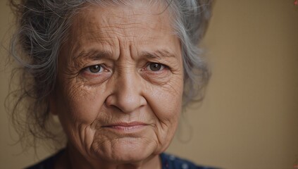 closeup portrait of an elderly woman with gray hair and deep facial wrinkles expressing a serious and introspective mood against a neutral background