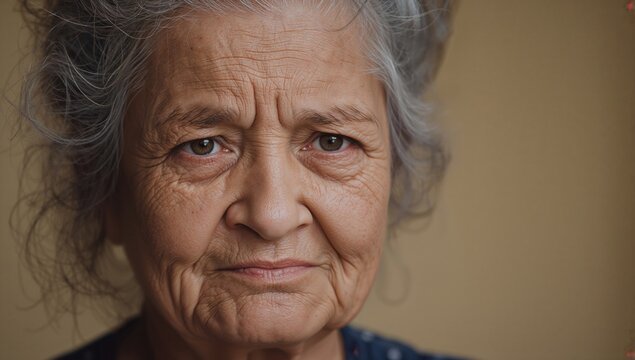 closeup portrait of an elderly woman with gray hair and deep facial wrinkles expressing a serious and introspective mood against a neutral background