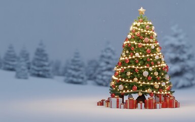 Glow of an ornate Christmas tree with golden lights and red ornaments in a soft, snowy winter forest scene. Elegant holiday backdrop.