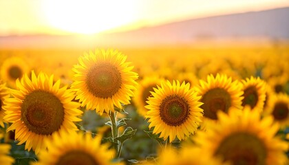 Obraz premium A field of sunflowers bathed in warm sunlight during sunset, creating a vibrant and picturesque scene. The image is full of the golden petals