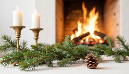 Cozy Christmas scene with candles, pine branch, and fire in fireplace  