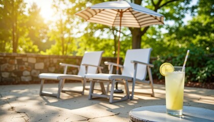 Sunlit patio with lounge chairs and refreshing cocktail on table  