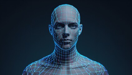 polygonal human figure with blue grid mesh in a computer-generated environment representing body scanning and 3D modeling technology