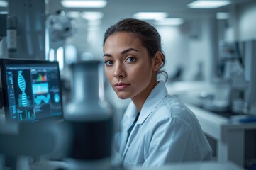Female scientist in a laboratory setting looking at the camera while working on a computer with DNA analysis data displayed on the screen in a modern research facility.
