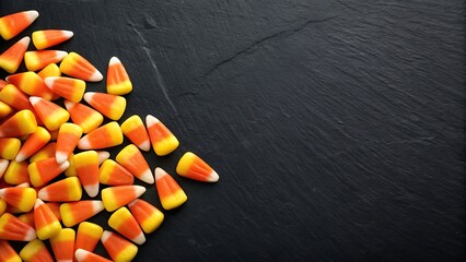 Pile of candy corn in bottom corner on matte black background, minimal Halloween flat lay.