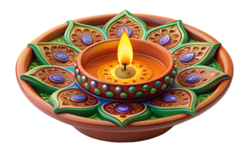 Photo of a single lit diya, a traditional oil lamp, decorated with intricate patterns and vibrant colors, isolated on transparent background