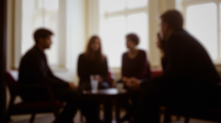 Blurred background image of four people sitting around a table indoors, possibly in a meeting or group discussion
