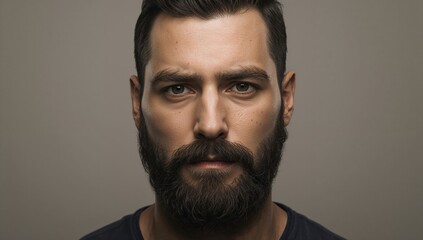 Obraz premium portrait of serious bearded man with intense expression and well-groomed beard against plain background looking directly at the camera with neutral lighting