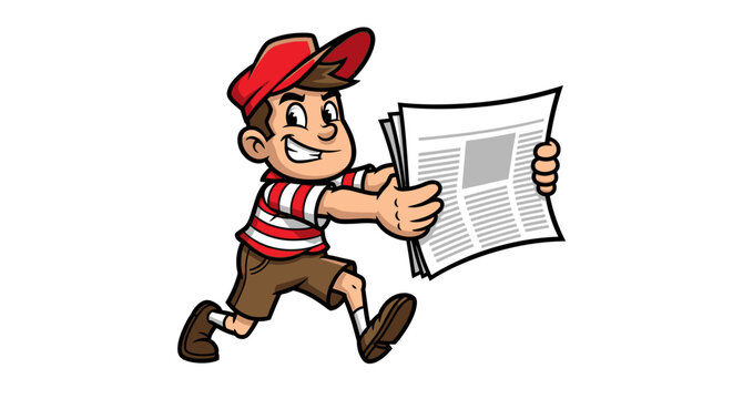 Cartoon paperboy delivering newspapers with a joyful expression and energetic pose illustration