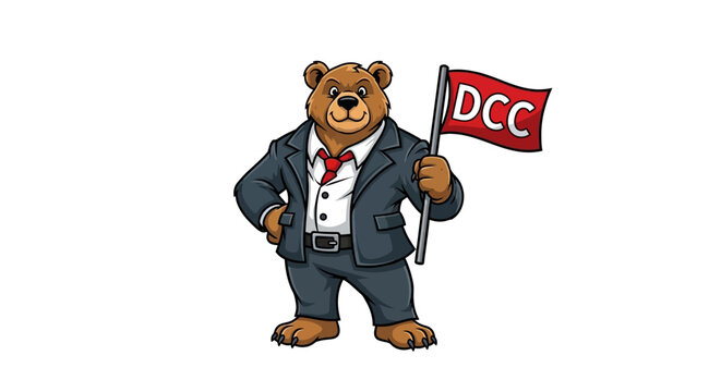 Illustration of a business bear in a suit holding the dcc flag with confidence and determination