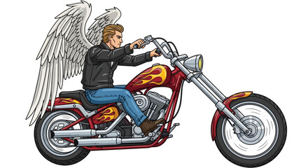Cartoon illustration of an angel biker riding a customized motorcycle with flame decals