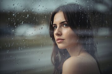 Obraz premium young woman with long dark hair looking pensively through a rain-soaked window with droplets reflecting light and blurred background elements