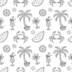 Seamless summer pattern isolated on white background featuring handdrawn elements such as palm trees, watermelons, cocktails, crabs, flowers, and orange slices, creating a fun and vibrant design