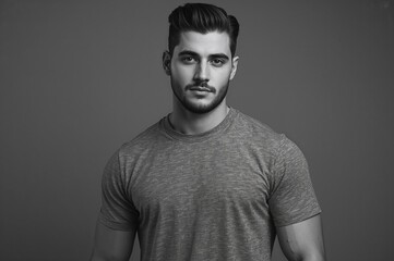 Fototapeta premium portrait of an athletic young man with a beard wearing a grey T-shirt on a plain gray background in black and white photography showcasing male fitness model features in a studio setting