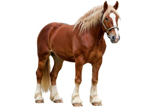 Isolated Chestnut Draft Horse Standing Calmly Wearing a Bridle for Equine Transportation