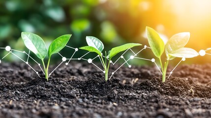 Seedlings Growing Linked to Digital Network, Represents Future Agriculture Technology
