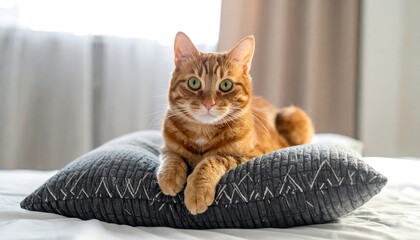 A ginger cat with expressive green eyes rests serenely on a soft, textured grey pillow on a bed, bathed in natural light