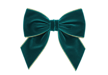 Isolated Holiday gift bow, emerald green ribbon decor with gold edges, festive and elegant