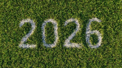 Large white numbers 2026 painted on a green grassy field under bright sunlight during the day