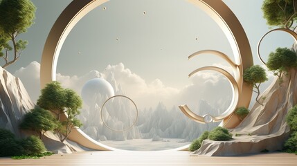 Futuristic Landscape with Circular Windows and Floating Rings in Serene Mountain Environment