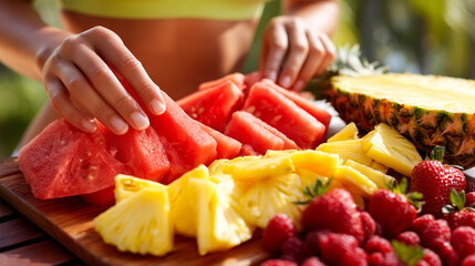 A woman is cutting up watermelon and pineapple on a wooden cutting board. The fruits are arranged in a colorful and inviting manner, making them look fresh and delicious. Concept of healthy eating