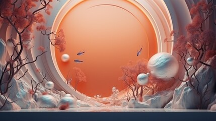 Futuristic Alien Landscape with Pink Trees and Floating Spheres Under Orange Sky