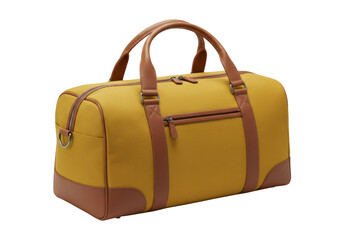 Isolated stylish carry-on duffel bag in mustard yellow and tan with leather handles and trim