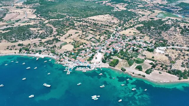 Aegean sea and Izmir Ildir village - drone shooting of the fishing town