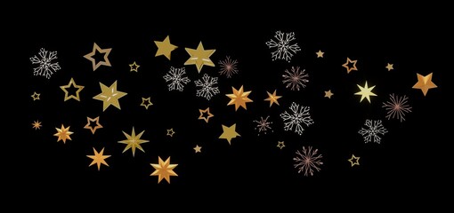 Beautiful festive background with gold stars and snowflakes on black. Perfect for Christmas, New Year, winter holidays.