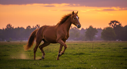 Brown Horse Running in Green Field During Sunset with Vibrant Sky