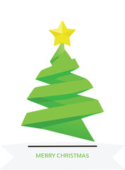Fototapeta premium Green origami christmas tree with yellow star and merry christmas banner festive greeting
