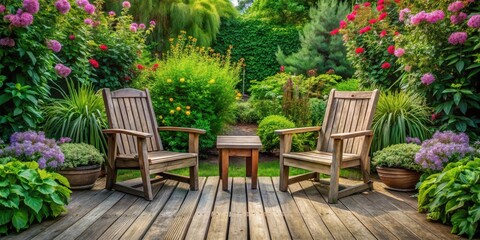 Obraz premium Tranquil Garden Retreat Two Wooden Chairs and Small Table on Deck Surrounded by Vibrant Blossoms and Lush Greenery
