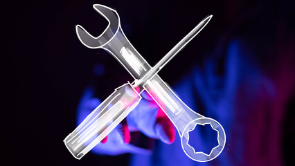 Hand reaching for digital tools,wrench and screwdriver.  Repair, maintenance, tech support concept.