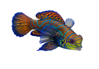Isolated, colorful and vibrantly detailed mandarin dragonet fish floats in open ocean, no background
