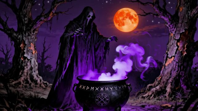 Scary halloween night with spooky grim reaper brewing magic potion in dark forests mysterious cauldron