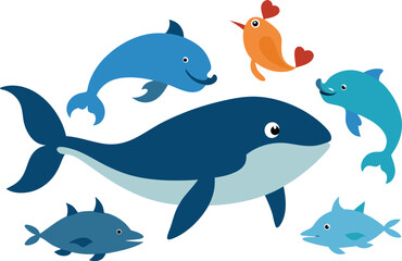 Charming marine animal bundle featuring whales dolphins and crabs vector illustration