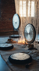 Soft lighting enhances the ambiance of a sound therapy session featuring gongs, cushions, and candles arranged for a calming experience