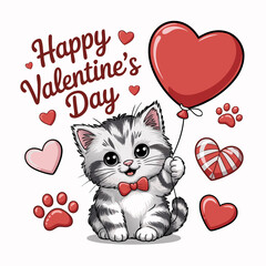 Adorable cartoon kitten isolated on white background holding a heartshaped balloon, celebrating valentines day with love and cuteness, surrounded by hearts and paw prints