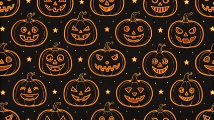Seamless pattern of glowing jack-o’-lantern faces in neon orange on black background, spooky Halloween design.