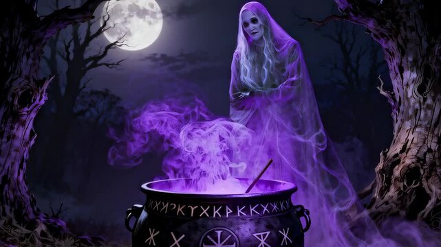 Spooky ghost witch brews glowing purple potion in her cauldron for haunting halloween night under full moon