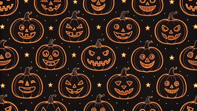 Seamless pattern of glowing jack-o’-lantern faces in neon orange on black background, spooky Halloween design. - Powered by Adobe
